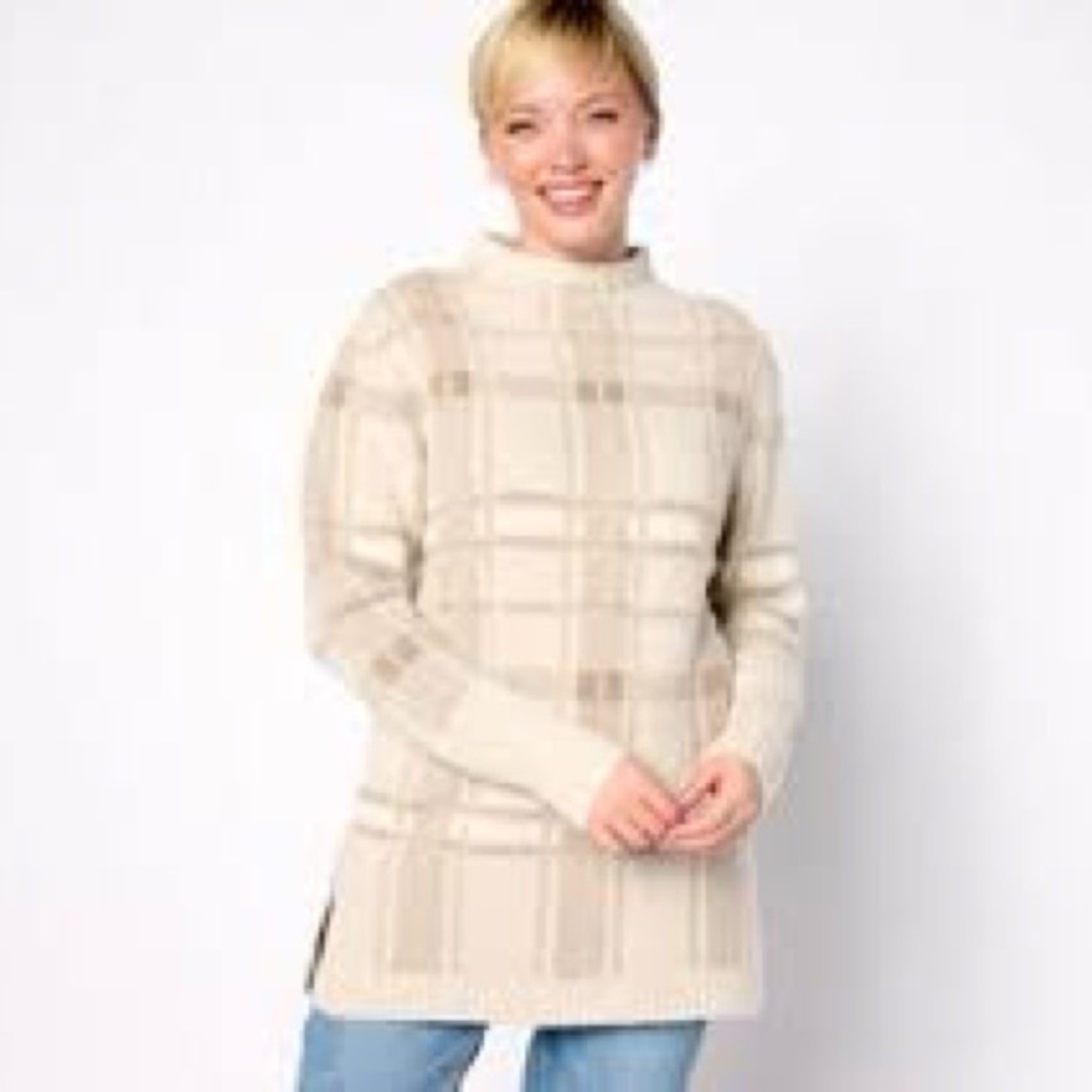 Isaac Mizrahi Plaid Beige Women's Tunic Sweater - Picture 2 of 3